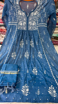 Slate Blue Mul Chanderi Hand Kurti and Dupatta set