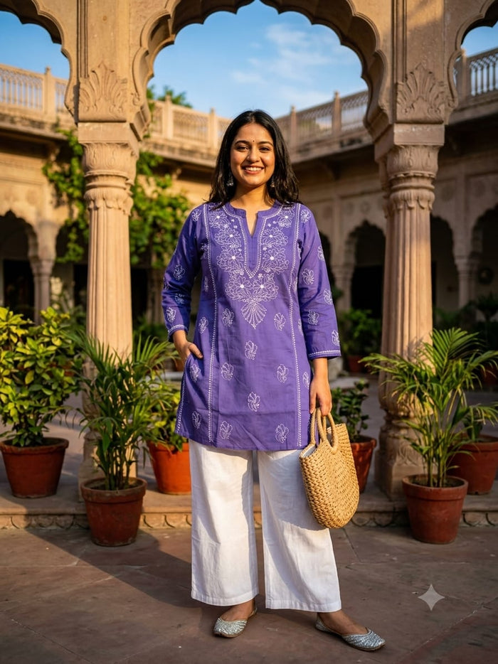 Vibrant Purple / Lavender shade Cotton Short Chikan Kurti