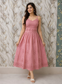 Chikankari Noodle Strip Dress -brick Red