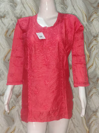 Coral Pink Hand-Embroidered Chanderi Short Kurti