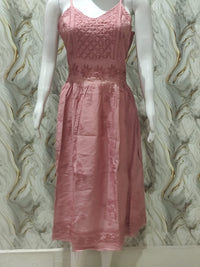 Chikankari Noodle Strip Dress -brick Red