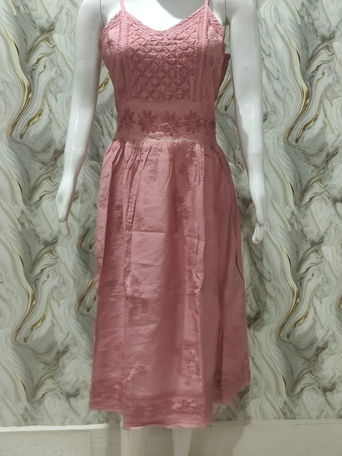 Chikankari Noodle Strip Dress -brick Red