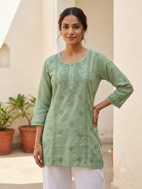 Elegant Sage Green Chanderi Short Kurti with Delicate Embroidery