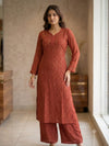 Chikankari Viscous Kurta Set- Brick Red with Mukesh