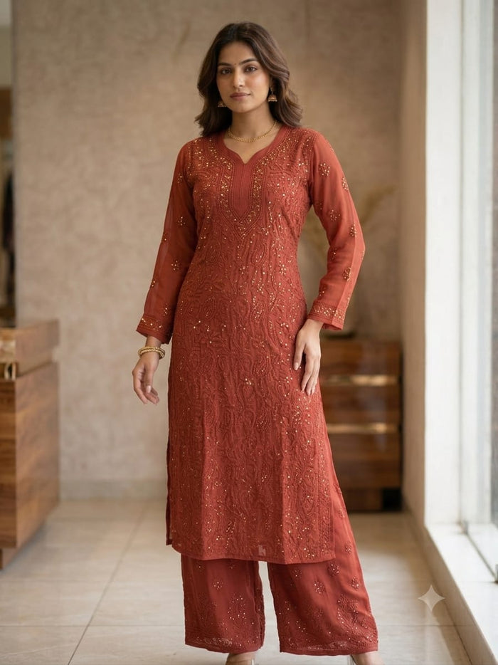 Chikankari Viscous Kurta Set- Brick Red with Mukesh