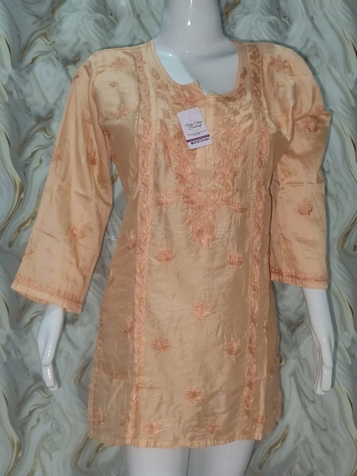 Peach / Light Apricot Hand-Embroidered Chanderi Short Kurti