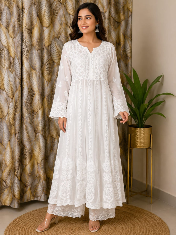 Chikankari Viscous Anarkali Stitched With White Embroidery