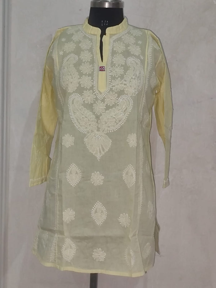 Chikankari Pastel Yellow Cotton Short Kurti