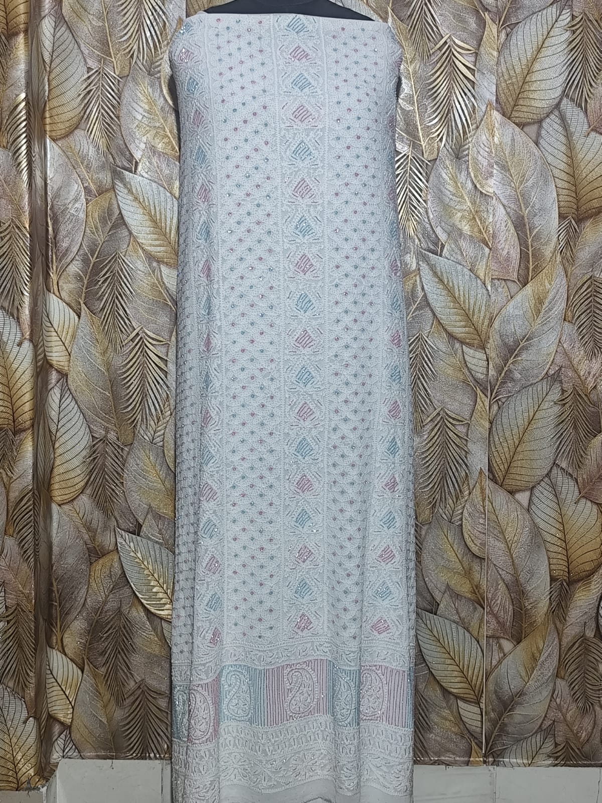 Hand Embroidered White&nbsp;Viscose&nbsp;Georgette Lucknowi Chikankari&nbsp;Unstitched&nbsp;Kurta&nbsp;Dupatta Set&nbsp;