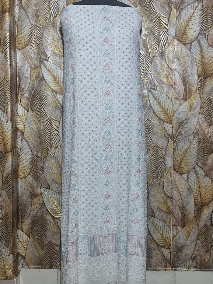Hand Embroidered White&nbsp;Viscose&nbsp;Georgette Lucknowi Chikankari&nbsp;Unstitched&nbsp;Kurta&nbsp;Dupatta Set&nbsp;
