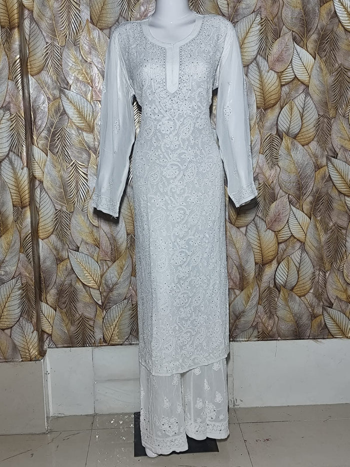 Chikankari Viscous Set White with Mukesh Work