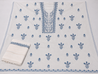 Pristine White Mul Chanderi Suit Piece with Indigo Fish &amp; Floral Embroidery