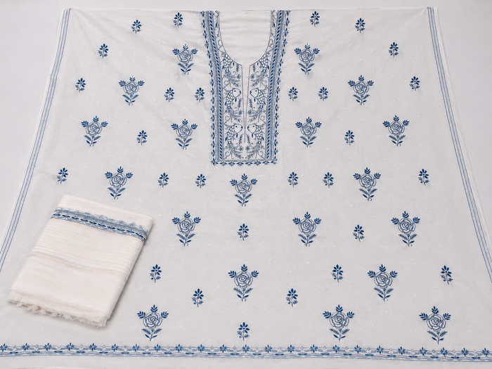 Pristine White Mul Chanderi Suit Piece with Indigo Fish &amp; Floral Embroidery