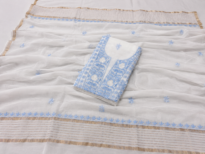 Pristine White Mul Chanderi Suit Piece Pastel Blue Chikankari Suit Piece
