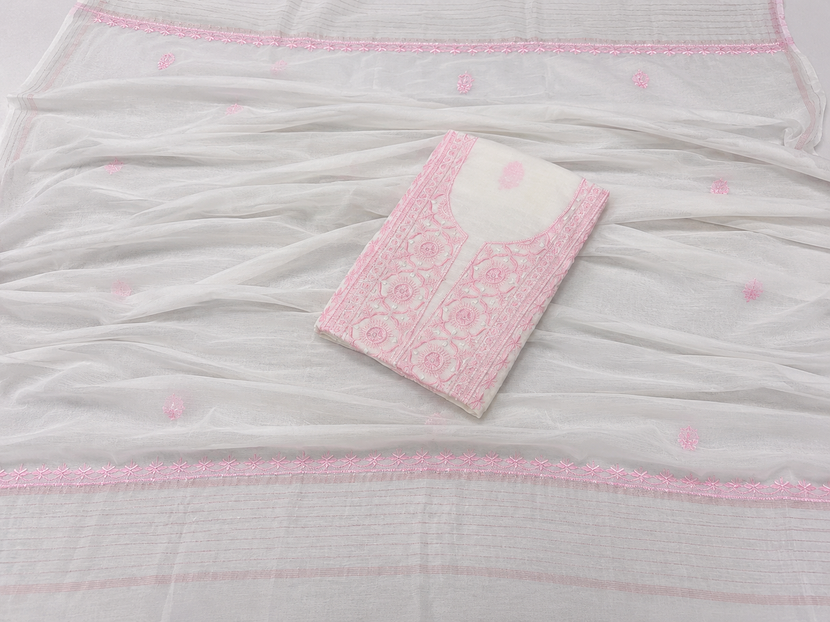 White Mul Chanderi Suit Piece with Baby Pink Chikankar