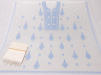 Pristine White Mul Chanderi Suit Piece Pastel Blue Chikankari Suit Piece