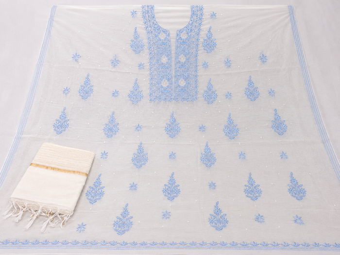 Pristine White Mul Chanderi Suit Piece Pastel Blue Chikankari Suit Piece