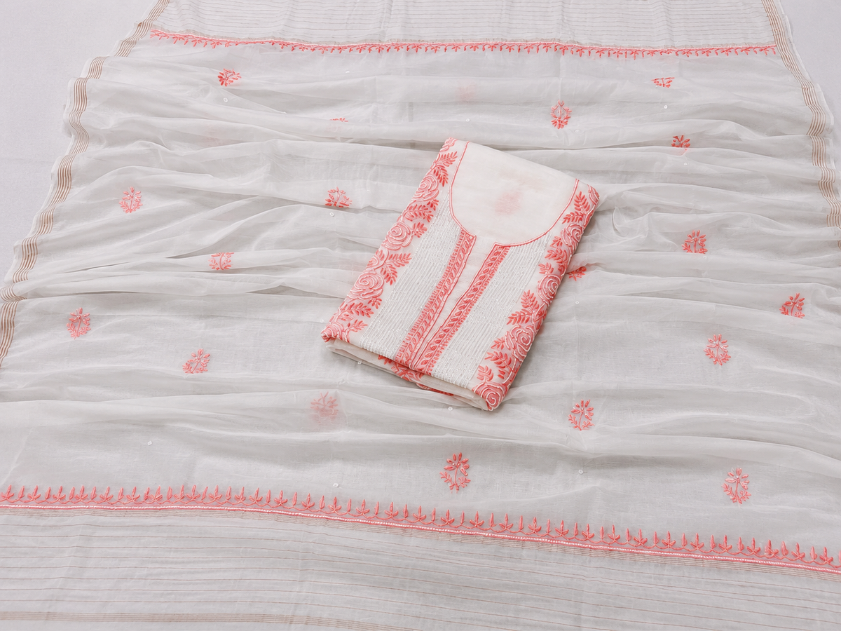White Mul Chanderi Suit Piece with Coral Pink Chikankari