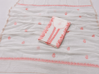 White Mul Chanderi Suit Piece with Coral Pink Chikankari