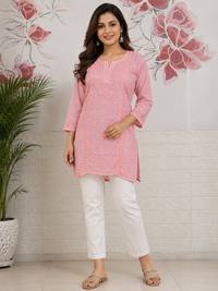 Modal Satin Charming Light Pink Chikankari Short Kurti