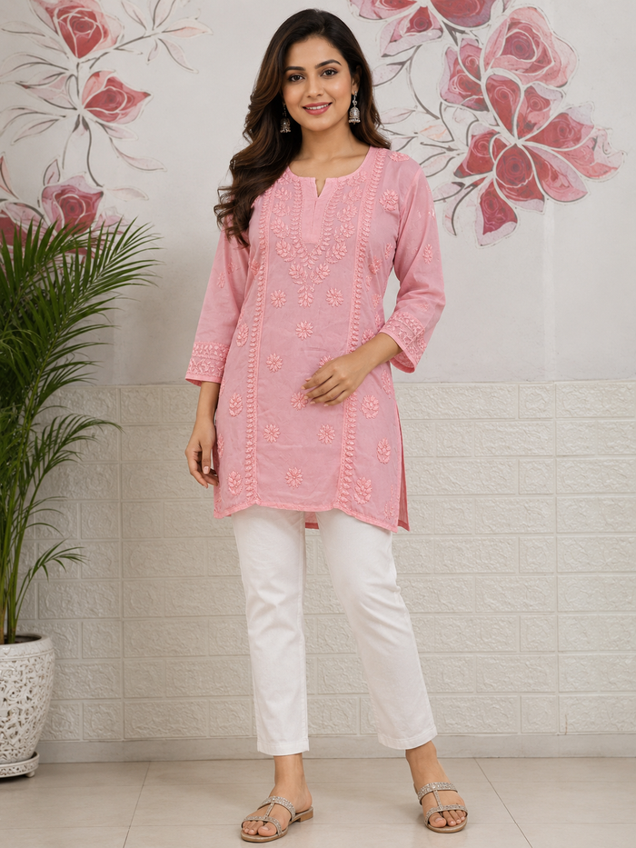 Modal Satin Charming Light Pink Chikankari Short Kurti