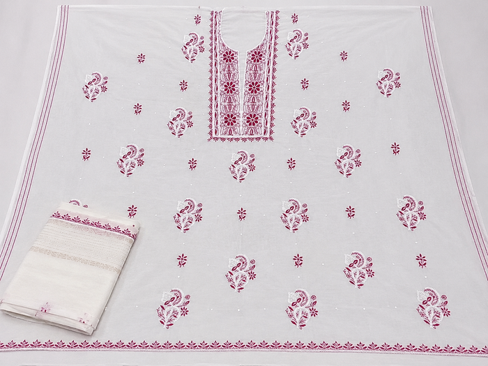 Pristine White Mul Chanderi Suit Piece with Magenta/Wine Chikankari