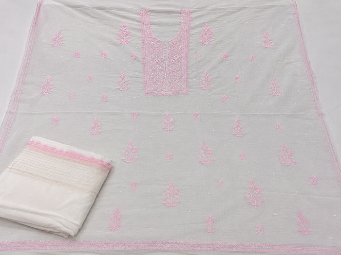 White Mul Chanderi Suit Piece with Baby Pink Chikankar