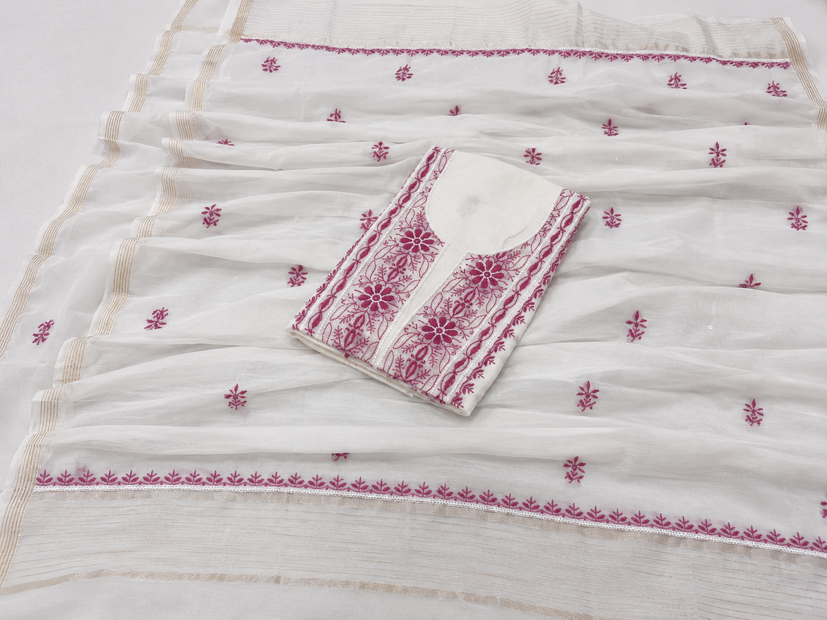 Pristine White Mul Chanderi Suit Piece with Magenta/Wine Chikankari